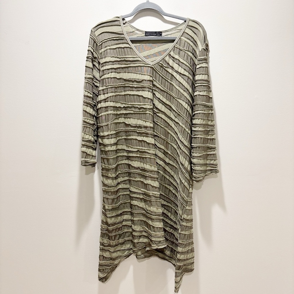 cut loose Green Stripe Mesh Paneling Long Sleeve Art To Wear Lagenlook Dress M